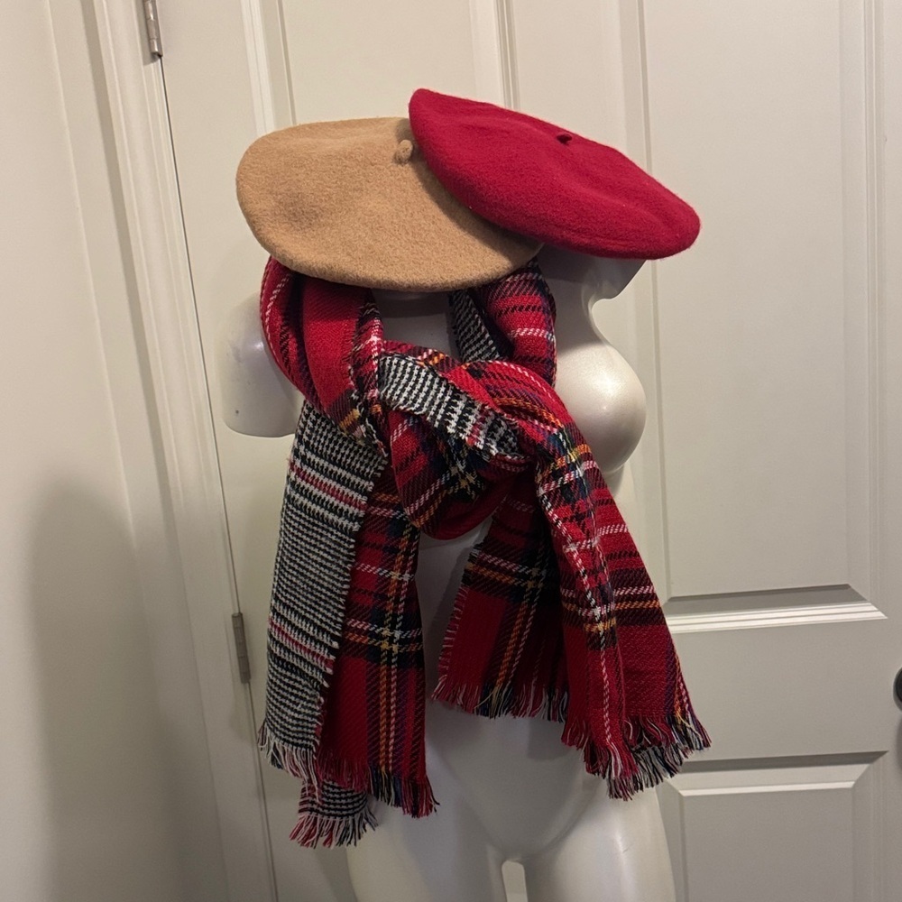 Steve Madden Red and Tan Plaid Scarf with Berets